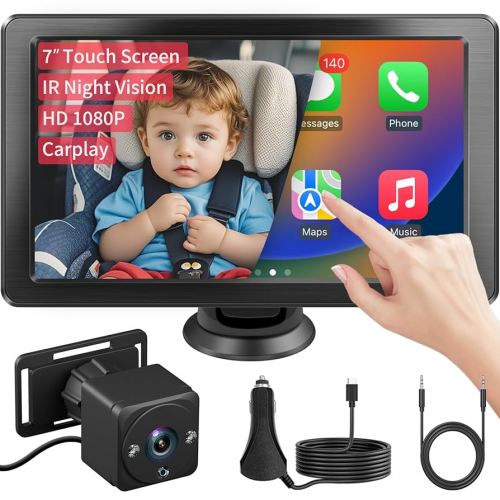 7" HD Touchscreen Baby Car Camera - Car Baby Monitor with Apple CarPlay, 1080p Ultra Night Vision, Invisible Infrared Lights, 150° Wide Angle, Easy Installation, Fits Most Cars