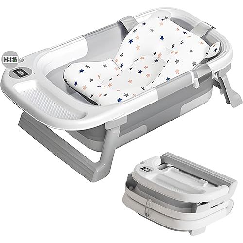 Collapsible Baby Bathtub,with Removable Soft Bath Pad&Storage Tray&Thermometer，Gift Bundle，Non-Slip Infant Shower Basin Newborn to Toddler 0-36 Months,Portable Travel Esencials Boy Foldable Tub,Gray