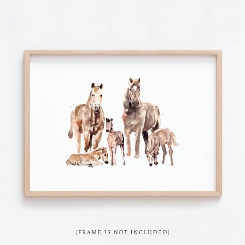 Wild Horse Family of 5 (Two Parent and Three Baby Horses) Farm Animal Watercolor Art Print for Farm or Twin Nursery