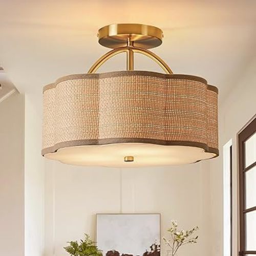 3-Light 13" Boho Light Fixtures Ceiling Mount Mini Rattan Chandelier Light Fixture Hand Woven Ceiling Light Flush Mount for Hallway Bedroom Kitchen Entryway Living Room