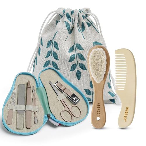 haakaa Baby Hair Brush and Comb Set & Pear-FECT Manicure Kit for Newborns & Toddlers, Natural Soft Goat Bristles and Wooden Handle, Baby Healthcare and Grooming Kit, Baby Nail Clippers, Mint Green
