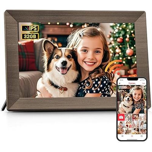 Frameo 10.1" Digital Picture Frame, Smart WiFi Digital Photo Frame with 1280x800 HD IPS Touch Screen 32GB Memory Auto-Rotate Wall Mounted, Share Photos/Videos from Phone Anywhere(Gray Wood)