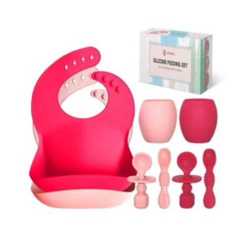 Toddler Baby Silicone Feeding Set - Baby Led Weaning Utensils, Silicone Bibs Feeding Cups Smooth Waterproof Material For Practical Eating, Set of 8