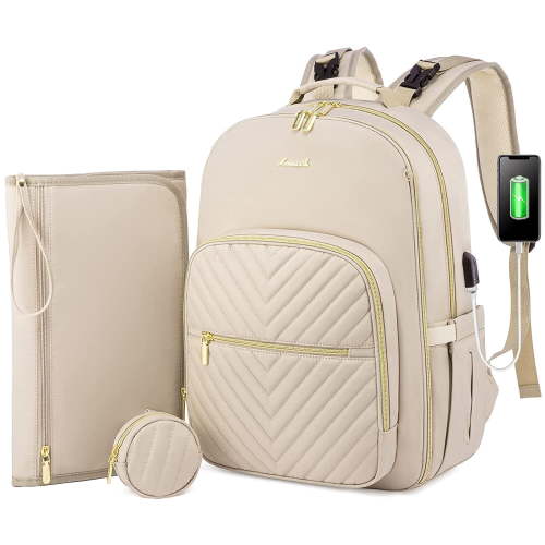 Lovevook Diaper Backpack, Waterproof Quilted Diaper Bag with Changing Station & Pacifier Holder for New Mum & Daddy Travel- Large & Antique White