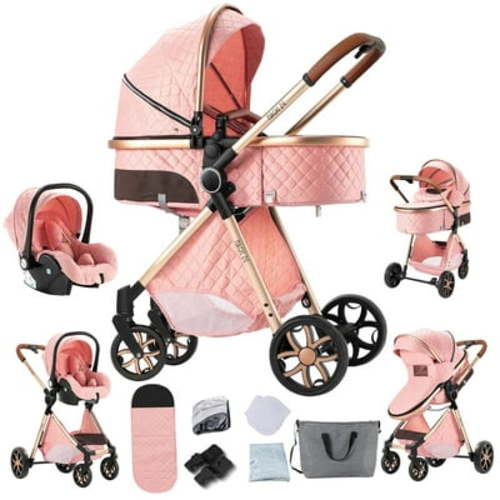 Luxury Baby Stroller 3 in 1 Travel Systems High Profile Foldable Reclining Newborn Pram,Pushchair,Unisex(Pink)