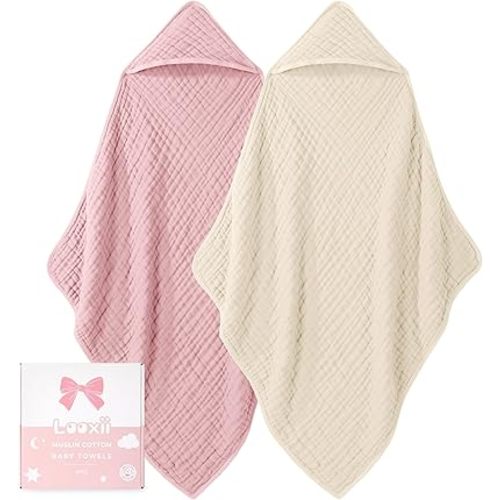 Looxii Baby Bath Towels 2 Pack Muslin Hooded Baby Towels for Newborn and Infants, 100% Cotton, Large 32x32Inch, Soft and Absorbent