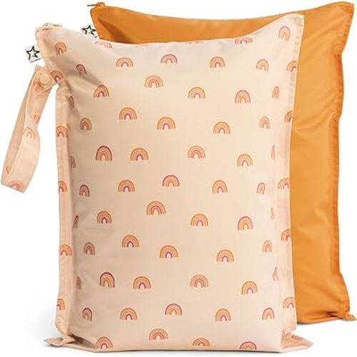 Tiny Twinkle Mess-proof Wet Bags 2 Pack Waterproof and Washable Bag for Travel storage, Stroller, Daycare, Baby Diapers, Yoga, Beach, Pool, Wet Toddler Swimsuits (Boho Rainbow)