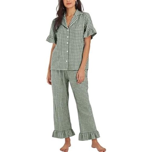 Flygo Womens Plaid Pajamas Sets 2 Piece Cotton Pj Set Ruffled Sleeve Button Down Shirt Gingham Pants Lounge Sets