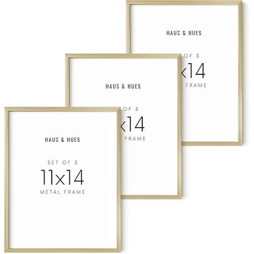 HAUS AND HUES Gold Picture Frames 11x14 - Gold Frames 11x14 Picture Frame Set of 3, Diploma Frames 11x14, Gold Frames for Gallery Wall Frame Set, Metal Picture Frames (Gold Aluminum Frames)