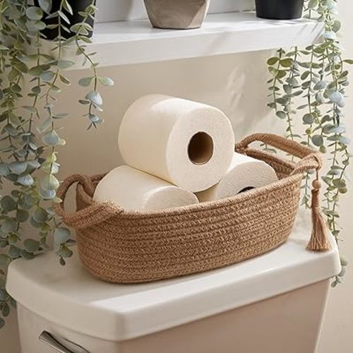 Decorative Toilet Paper Basket – Beautiful Bathroom Organizer for Toilet Tank Storage Decor – Boho Jute Cotton Rope Bin with Tassel for Bathroom Accessories and as Shelf Decor