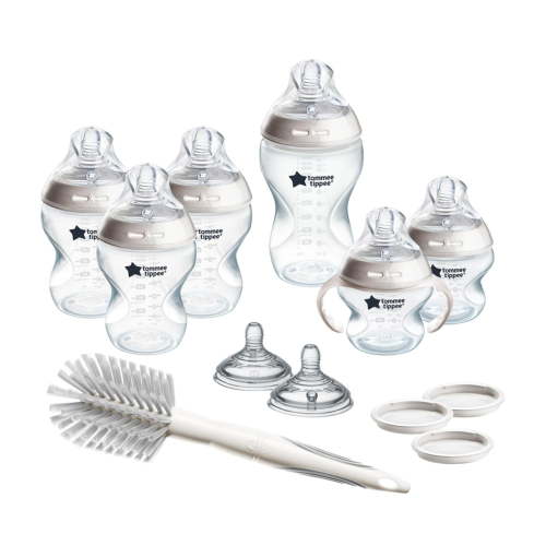 Tommee Tippee Natural Start 12 Piece BPA Free Bottle Set, Includes 2 x 5 oz, 3 x 9 oz, 1 x 11 oz Bottles, Newborn 0+ Months, Slow, Medium & Thicker Flow Breast-Like Nipples, Cleaning Brush, Clear
