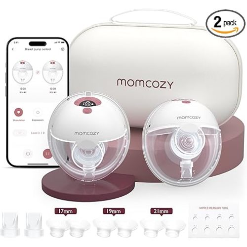 Momcozy M5 Smart APP Controlled Wearable Breast Pump, Hands-Free Wireless Electric Pump, 3 Modes 9 Suction Levels, BPA-Free, Portable Lightweight, 24mm Flange, 2-Pack Cozy Red