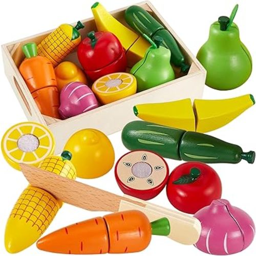 HERSITY Wooden Play Food Set Cutting Fruits and Veggies Toys for Toddlers 1-3, Pretend Play Kitchen Accessories Montessori Educational Toys for Kids Boys Girls 18 Months+