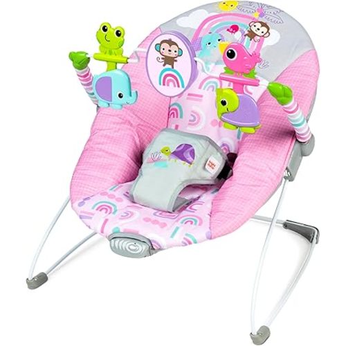 Bright Starts Pink Paradise Portable Baby Bouncer with Vibrating Infant Seat and -Toy Bar, Max Weight 20 lbs., Age 0-6 Months