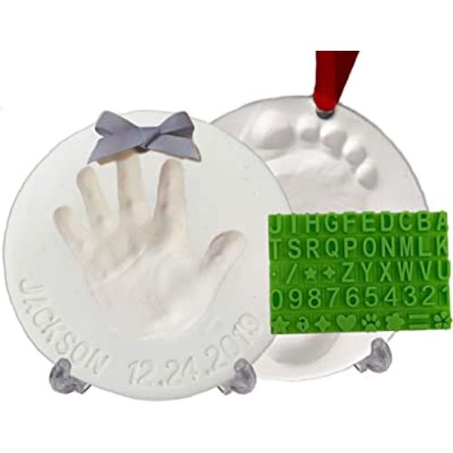 Baby Handprint Footprint Keepsake Ornament Kit (Makes 2) - Bonus Stencil for Personalized Christmas, Newborn, New Mom & Shower Gifts. 2 Easels! Non-Toxic Clay, Air-Dries Light & Soft, Won't Crack.