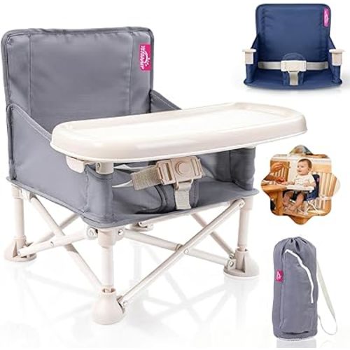 Portable Baby Chair, Baby Booster Seat with 2-Pack Seat Covers & Travel Bag for Camping & Baby Beach Chair | Toddler Folding Chair with Tray, Tip-Free Design, Straps to Kitchen Chairs