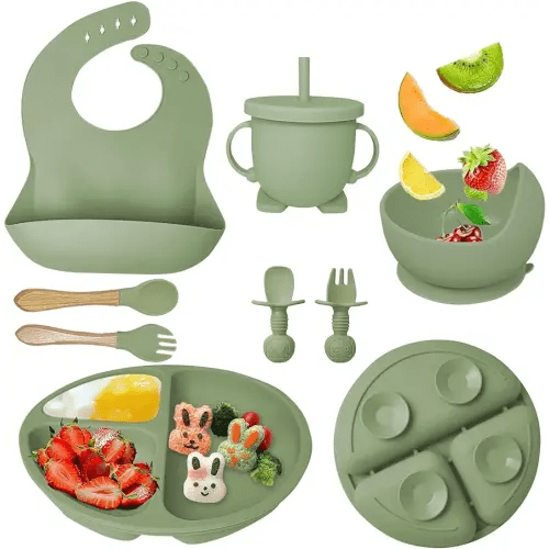 Silicone Baby Feeding Set, Baby Led Weaning Supplies with Suction Bowl Divided Plate, Toddler Self Feeding Dish Set with Spoons Forks Sippy Cup Adjustable Bib, Baby Eating Utensils(Dark Green)