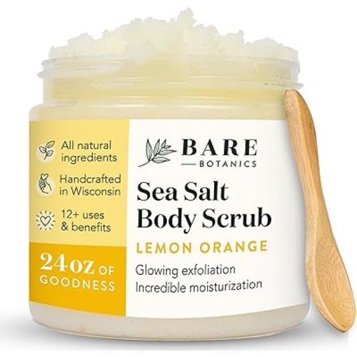 Bare Botanics Lemon Orange Body Scrub 24oz | Made in Madison, WI | All Natural Sea Salt Exfoliator w/ Skin Loving Moisturizers | Vegan & Cruelty Free | Gift Ready Packaging w/ a Cute Wooden Spoon