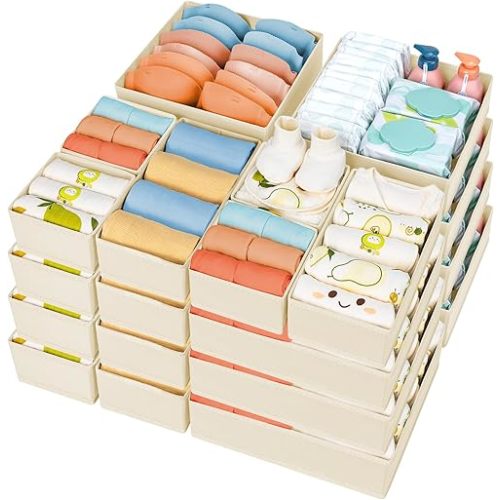 DIMJ Drawer Organizer Clothes 24 Pack - Foldable Baby Organizers and Storage & Dresser Organizer for Bedroom, Closet - Nursery Organization Dresser Dividers for underwear, Sock,Bra, Belt, Tie, Beige