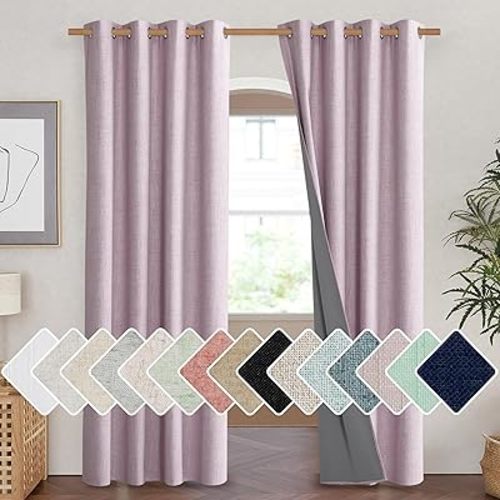 NICETOWN Pink Vintage Linen 100% Blackout Curtains for Living Room, Thermal Insulated Curtains 84“ Long, Noise Reducing Window Treatment Drapes for Hall Room, 52" Wide Per Panel, Set of 2