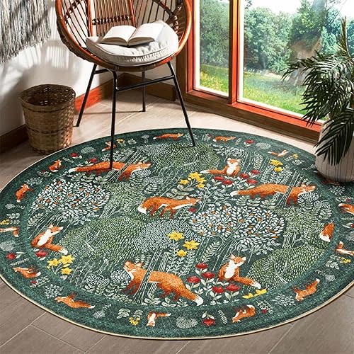Cute Woodland Forest Nursery Rug Boho Floral Round Bedroom Rug, Green Aesthetic Abstract Tropical 6ft Circle Carpet Washable, Botanical Animals Area Rug for Living Room Entryway Kitchen