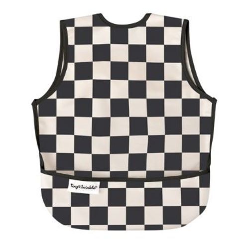 Tiny Twinkle Mess-Proof and Waterproof Baby Bib/Apron, Machine Washable and BPA-Free (Black Checkers, Small 6-24 Months)