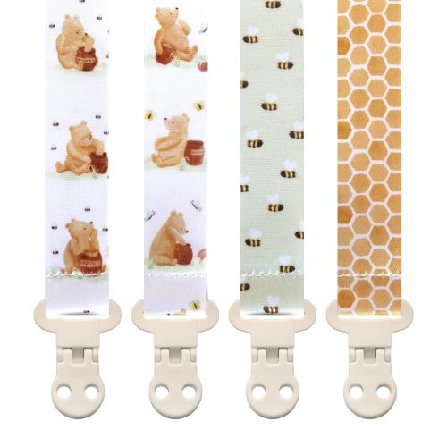 Baby Pacifier Clip Holder - Boy and Girl Unisex 4 Pack Gift Set – Vintage Classic Neutral Honey Winnie Bear and Bees Beige Yellow and Green