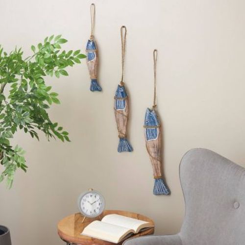 Olivia & May Set of 3 Wood Fish Handmade Wall Decors with Wrapped Jute Hanging Rope Blue: Nautical Animal Sculptures, Vertical Display