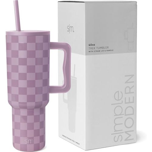 Simple Modern 40 oz Tumbler with Handle and Straw Lid | Insulated Cup Reusable Stainless Steel Water Bottle Travel Mug Cupholder Use | Gift for Women Men Him Her | Trek Collection | Lavender Checkmate