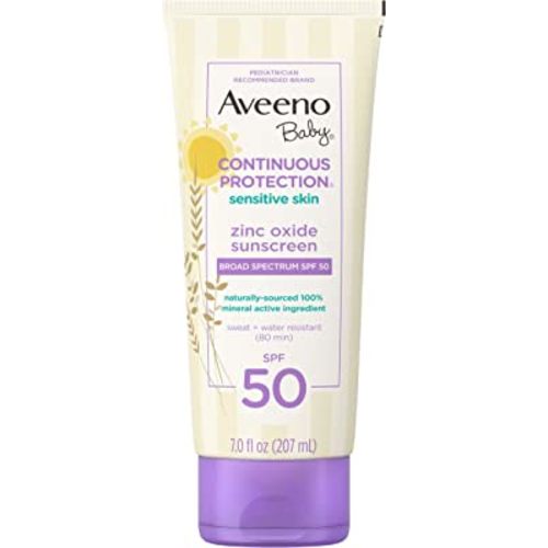 Aveeno Baby Continuous Protection Zinc Oxide Mineral Sunscreen Lotion for Sensitive Skin, Broad Spectrum SPF 50, Tear-Free, Sweat- & Water-Resistant, Paraben-Free, Non-Greasy, 7 fl. oz