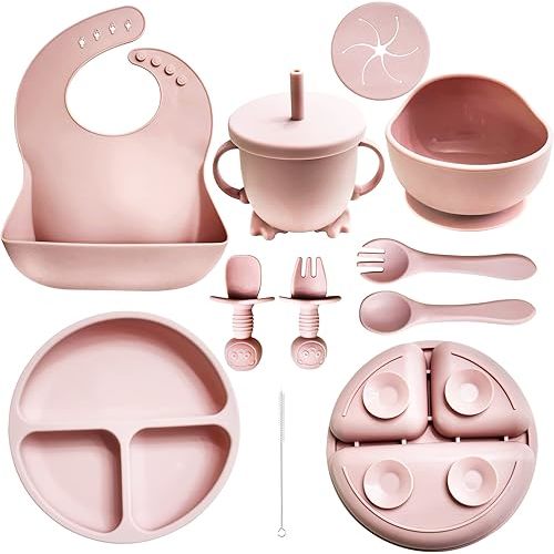 Baby Led Weaning Supplies | 10 Piece Silicone Feeding Set | Baby Toddler Bib Cup Divided Plate and Bowl Self Feeding Spoons Dish Set | Baby Utensils | Toddler Feeding Supplies (Light Pink)