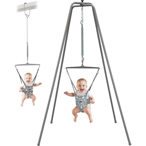 Jolly Jumper ELITE with Convertible Door Clamp (Grey) - Baby Exerciser Bundle with Iconic Doorway Jumper + Premium 6 ft Stand, Adjustable Saddle Seat, Indoor/Outdoor Use, for Infants up to 28 lbs