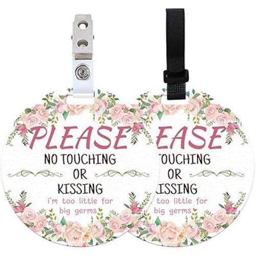PLIGREAT 2 Pack No Touching Baby Car Seat Sign for Newborn, Flower Pattern Please Dont Touch Baby Signs for Baby Girl Boy, No Kissing Baby Stroller Tag with Hanging Straps and Clip