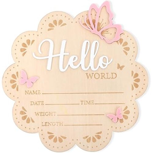 Pink Butterfly Hello World Sign - Baby Announcement Signs, Newborn Announcement Board, Baby Name Signs for Hospital Newborn (Butterfly Hello World)
