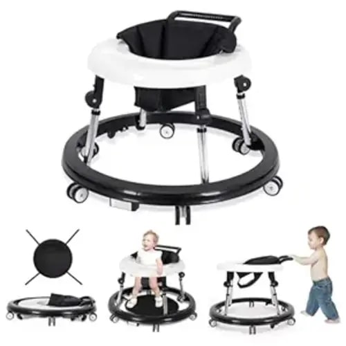 Baby Walker Foldable with 9 Adjustable Heights, Baby Walkers and Activity Center for Boys Girls Babies 7-18 Months, Baby Walker with Wheels Portable