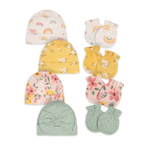 Gerber Baby Girl No Scratch Mittens & Caps Set, 8-Piece (Newborn - 0/3M)