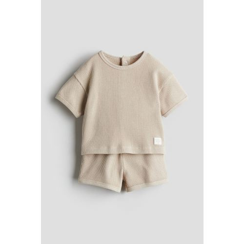 2-piece Waffled Cotton Set, Regular waist, Round Neck, Light beige - 18M