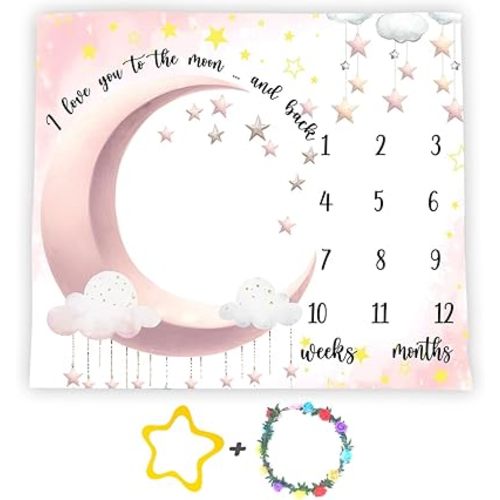 Baby Monthly Milestone Blanket for Baby Girl and Baby Boy, Love You to The Moon and Back, Pink Moon Newborn Photography Props, Star Blanket for Newborn Picture, Soft Flannel, 48x40in