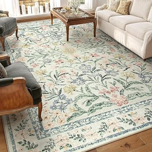 Morebes Washable Area Rugs 9x12 Living Room, Boho Large Cream Rugs for Farmhouse Non Slip, Soft Ultra-Thin Distressed Floral Throw Carpet for Bedroom Nursery Girls Home Dining Room