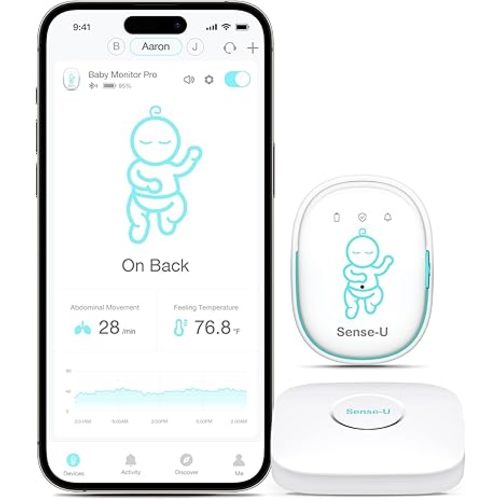 Sense-U Smart Baby Monitor Pro(Long Range) with Arousal Vibration, Audible & App Alerts Anywhere: Tracks Abdominal Movement, Rollover, Sleeping Position, Feeling Temperature, Wearable Sleep Monitor