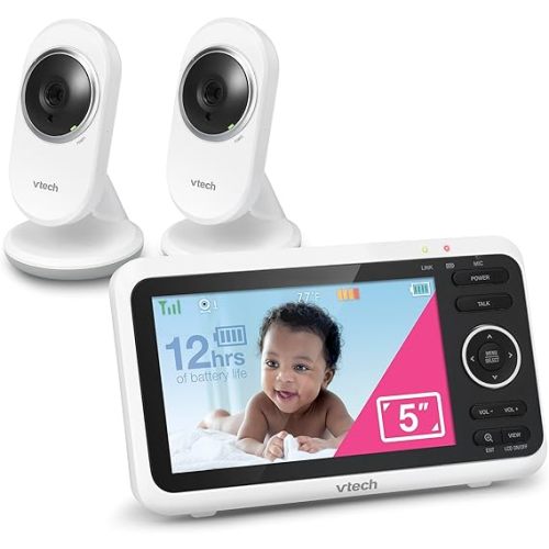 VTech [Upgraded] VM350-2 Baby Monitor, 5" Screen,2 Cameras,1000ft Range, Night Vision, 2-Way Audio, Lullabies, Secure Transmission No WiFi