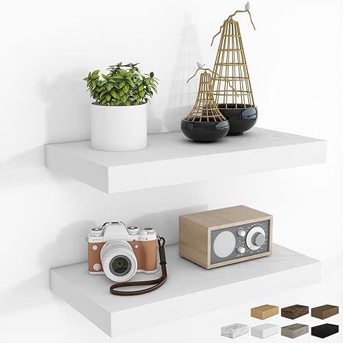 16Inch Floating Shelves for Wall 2 Pack Shelves for Bedroom|Kitchen|Bathroom Wall Mounted Rustic Wood Floating Shelf with Invisible Brackets for Books|Storage|Decor, White