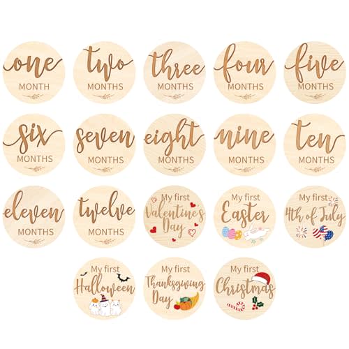 Capoda 18 Pcs Baby Monthly Milestone Cards My First Holiday Milestone Signs 1-12 Month Wooden Circles Announcement Discs for Boy Girl Photography Photo Props Baby Shower Gift Newborn Keepsake(Wood)