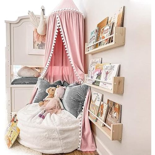 Bed Canopy with Pom Pom for Kids Crib Baby Girl Netting Cover Canopy Crib Curtain Reading Nook Hanging Tent Nursery Play Game Castle Room Decoration (Pink)