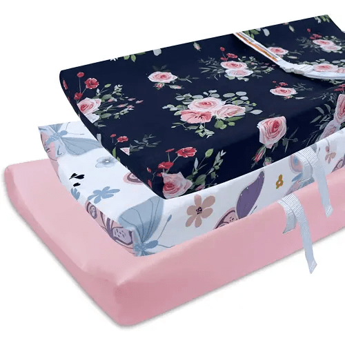 AMROSE 3 Pack Easy Care Changing Pad Covers, Ultra Soft Microfiber Diaper Change Table Sheets for Baby Boys and Girls, Floral & Butterfly & Pink
