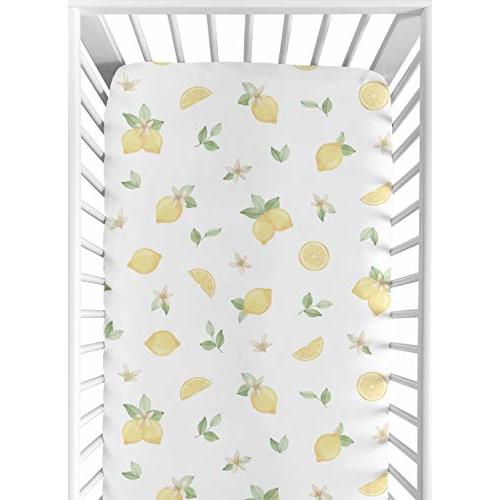 Sweet Jojo Designs Fitted Baby Crib Sheets (Lemon Floral) for Girls, Infant Nursery, Toddler Room - Standard Size (Watercolor, Boho, Bohemian, Farmhouse, Fruit, Leaves, Flower Blossom, Botanical Leaf)