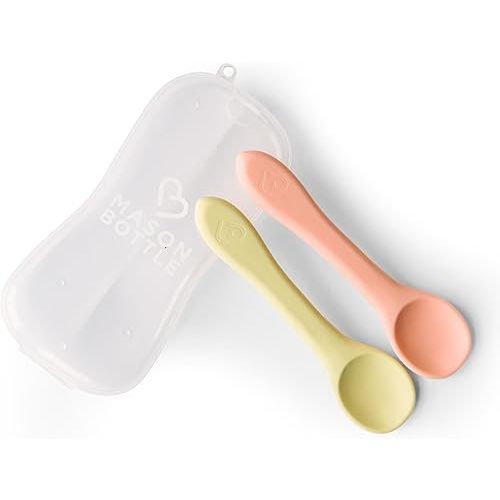 Mason Bottle Silicone Baby Spoons (2-Pack) – BPA-Free Feeding Utensils for Babies 6–12 Months – Puree Spoons with Case, Non-Toxic, Dishwasher Safe (Buttercup & Harbor)