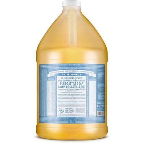 Dr. Bronner’s - Pure-Castile Liquid Soap (Baby Unscented, 1 Gallon) - Made with Organic Oils, 18-in-1 Uses: Face, Hair, Laundry and Dishes, For Sensitive Skin and Babies, No Added Fragrance, Vegan