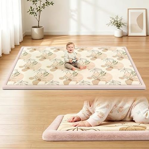 74x50 Baby Play Mat for Floor - 1.3" Extra Thick Elastic Foam Playpen Mat Non-Slip Soft Coral Velvet Boho for Infant Toddler Kids Crawling and Tummy Time in Playroom Nursery