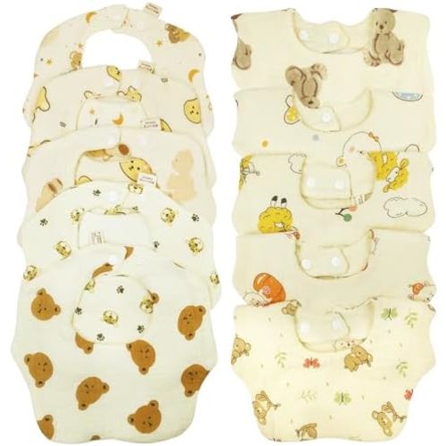 Muslin Baby Bibs Baby Drooling Bibs Snap Bibs Unisex Cartoon Bibs Cotton Baby Drool Bibs for Teething 10 Pack
